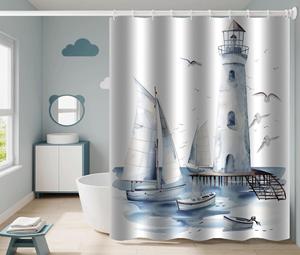 Hiện Đại Cổ Điển Hải Lý Thiết Kế Màu Xanh Vàng La Bàn Neo Ngọn Hải Đăng Không Thấm Nước Polyester Rèm Tắm Móc Cho Phòng Tắm Sử Dụng - Product Image 6