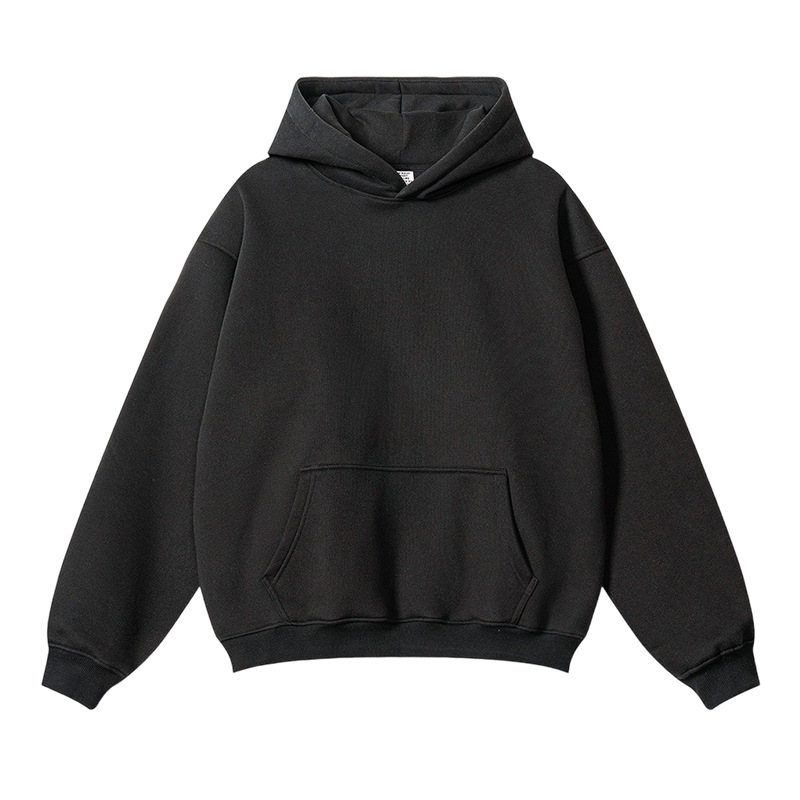 Black fleece-lined v-neck with no hood and drawstring