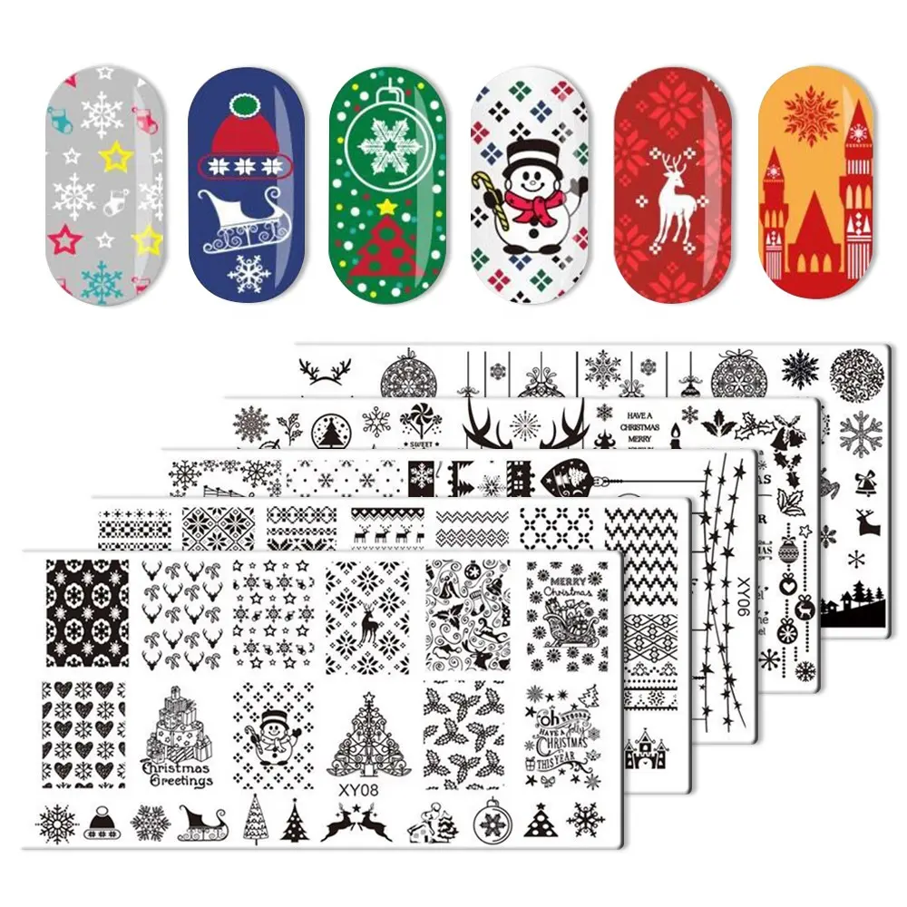 8 diseños de placas de estampación de Arte de uñas de sello de Metal de Navidad