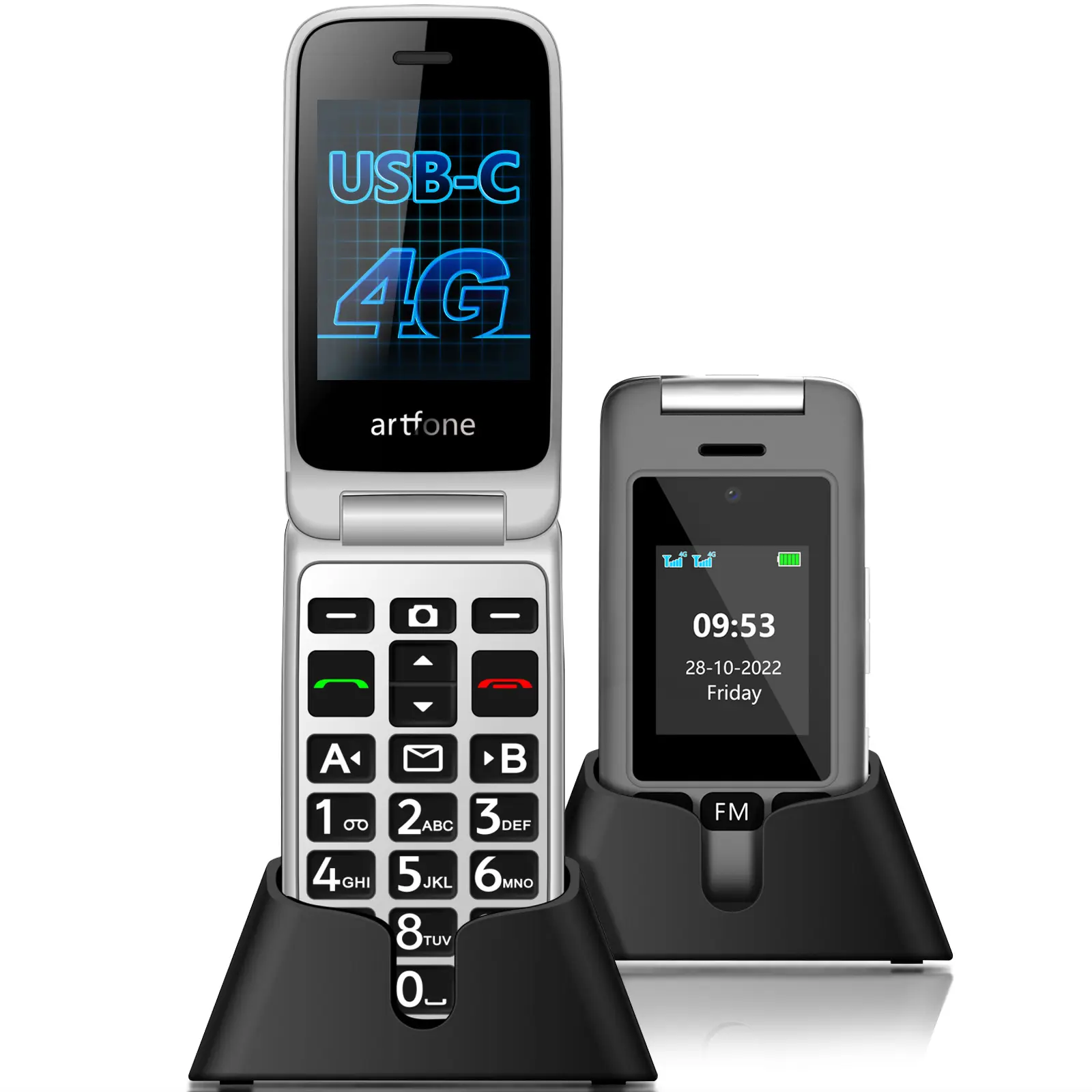 3G Flip telefono cellulare per anziani grande tastiera in gomma 2 pulsanti laterali e SOS 1000mAh con Dock di ricarica cellulare