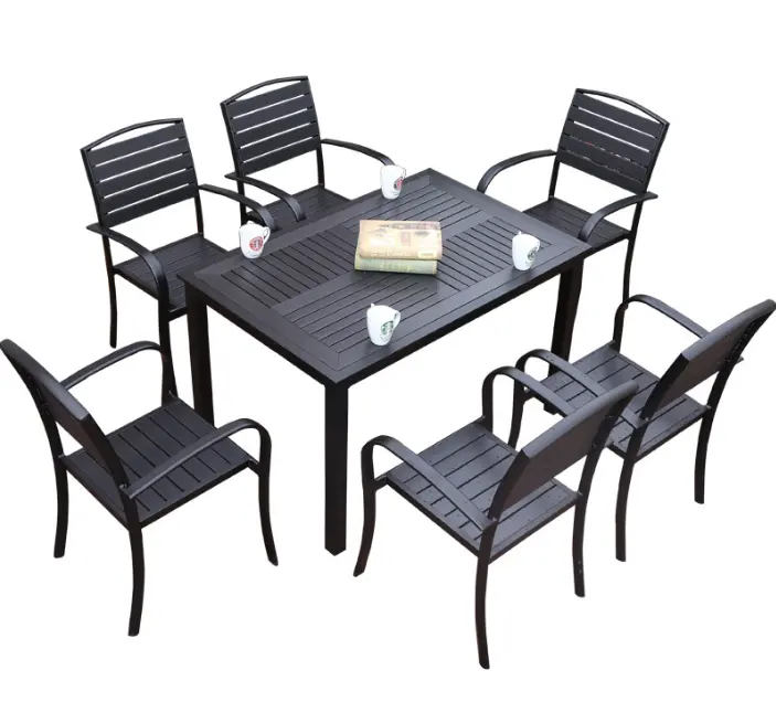 Mesas y sillas modernas para exteriores, nueva gran oferta, juego de comedor negro para exteriores, muebles de Patio, mesa de jardín de madera plástica para 4 a 6 personas