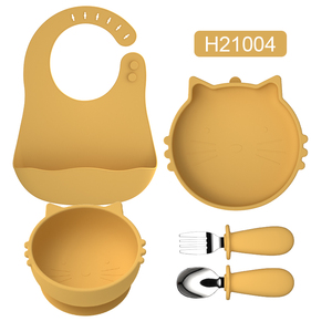 アマゾンベストセラーイージークリーンフォークかわいい猫キッズフィーディングセットBPAフリー防水シリコンベビーフィーディングセット