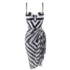 Stok şerit baskı balenli Push up mayo kadınlar iki adet mayo plaj Cover up Sarong - Product Image 1