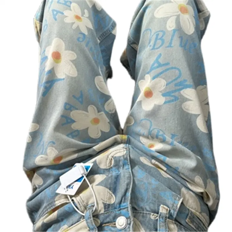 यूरोपीय और अमेरिकी हाई स्ट्रीट फुल प्रिंट डेज़ी वाइड लेग जींस महिलाओं की ग्रीष्मकालीन लूज़ फ़्लोर डिज़ाइन सेंस स्ट्रेट लॉन्ग पैंट टीआर