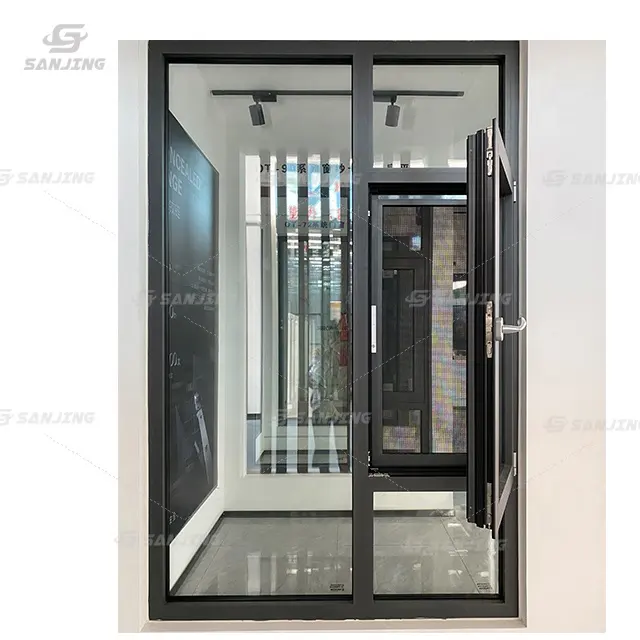 Ventana abatible de estilo americano, ventana de vidrio de aluminio de doble acristalamiento, ventanas aisladas, ventana abatible con malla de seguridad