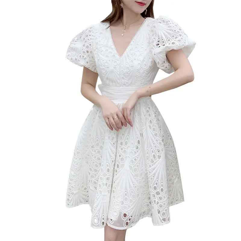 New Women Dresses V-neck Embroidery Hollow-out Puff Sleeve Ladies Party Dress