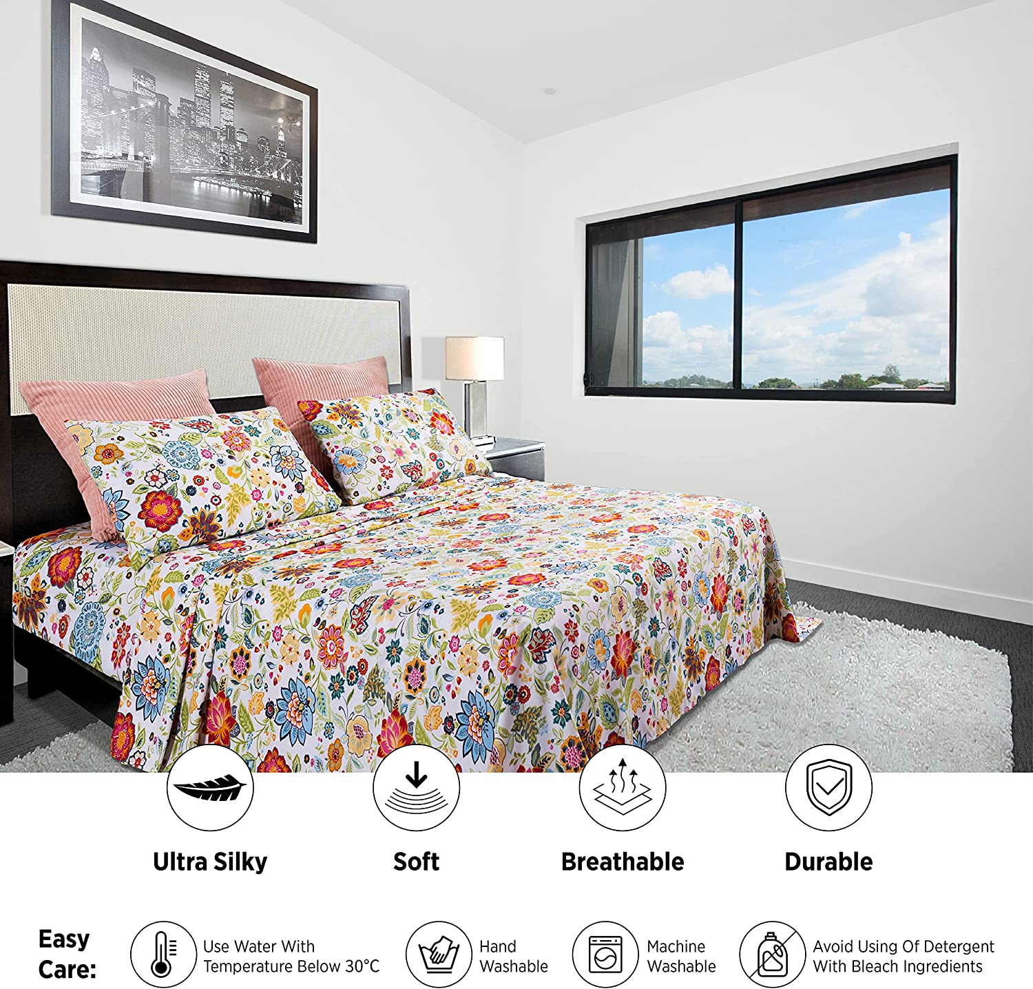 100% Microfiber Ultra Soft 3PCS Breathable Silky Flower modren bed room set