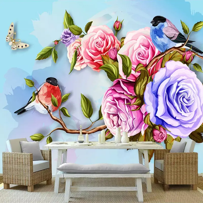 De 3D papel pintado para paredes pintado a mano abstracto flor pájaro mariposa arte de pintura Mural pintado dormitorio salón