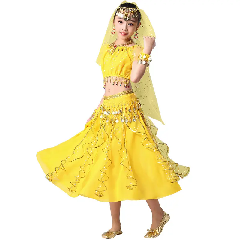 Fashion Performance Bühnen anzug Sieben Stück Set Chiffon Mesh Indischer Tanz Tianzhu Mädchen Kleid Bauchtanz Kostüm