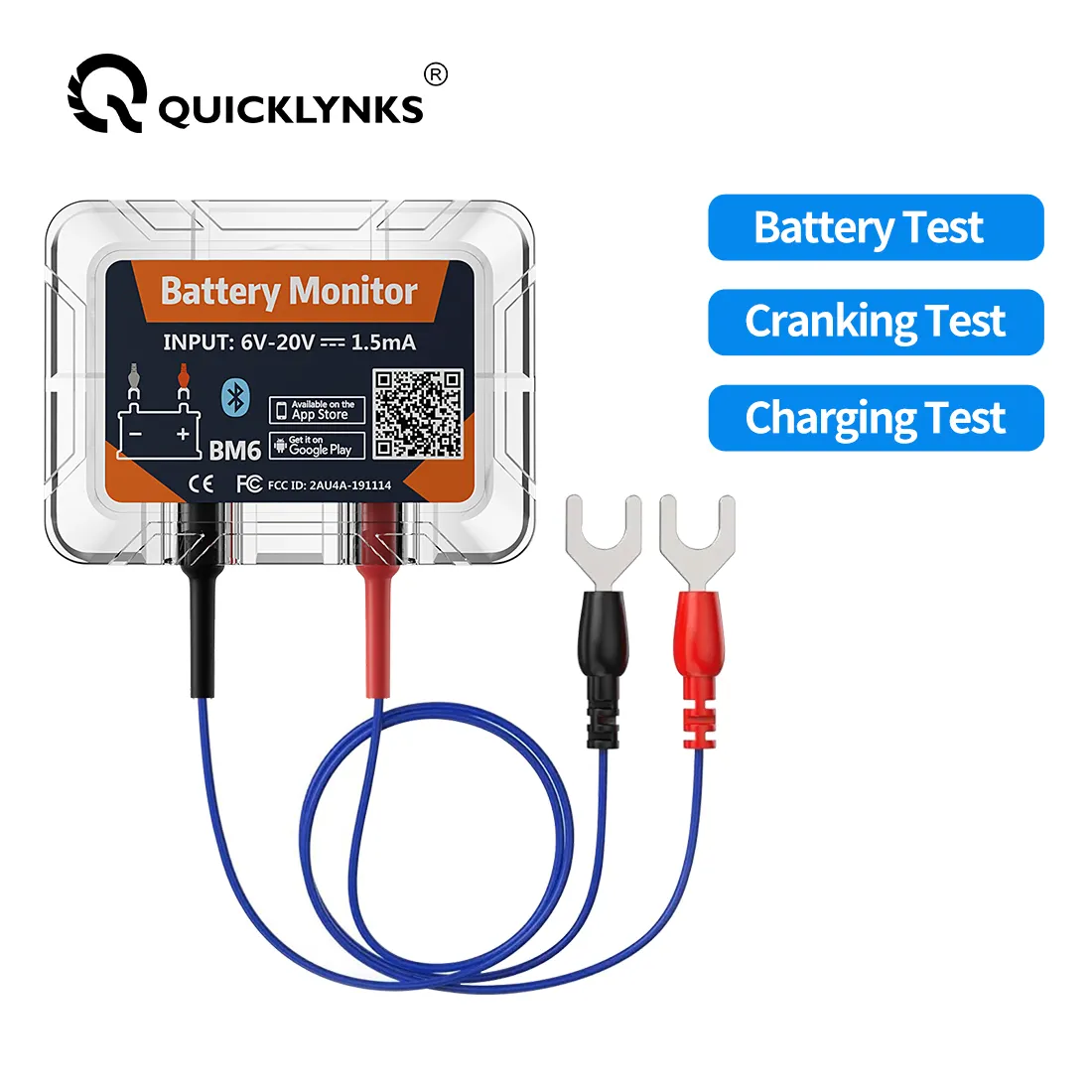 QUICKLYNKS Monitor batteria Bluetooth 12V Tester batteria Automotive con Test di ricarica e manovella per sistemi di energia solare/automobili