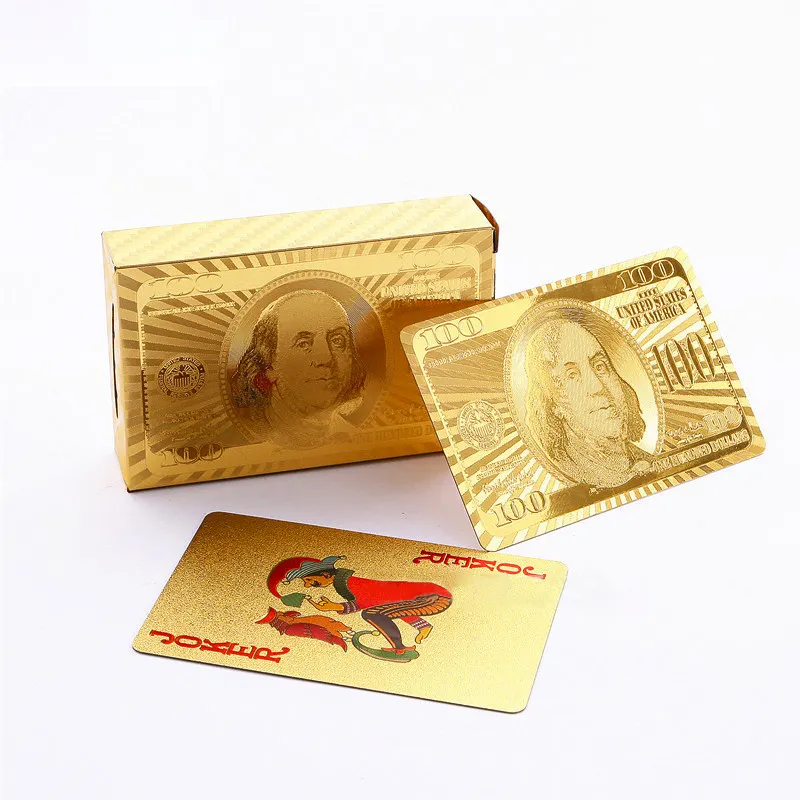 Personalizado único patrón de dólar de EE. UU. Pvc Golden Poker Cards Deck Dubai plástico lavable oro naipe Casino juegos suministros