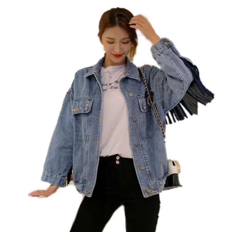 Guangzhou Herbst Bf Mode Custom Loose Quaste Blau Jean Jeans jacken Frauen Niet Bestickte Stretch Jeans jacke