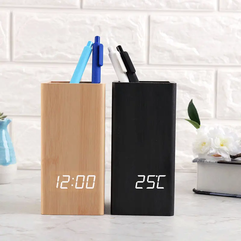 De madera de temperatura digital, Sostenedor de la pluma de alarma reloj regalos de oficina y promoción con más barato led reloj de escritorio