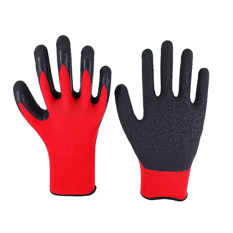Gran oferta de fábrica, 13G, poliéster rojo, acabado de látex negro, guantes de trabajo de látex arrugados recubiertos de látex baratos para la construcción