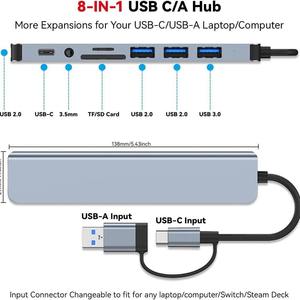 双头8合1 USB C型集线器3.0扩展坞，带5gbps高速usb端口分离器Sd Tf读卡器OTG适配器 - Product Image 3