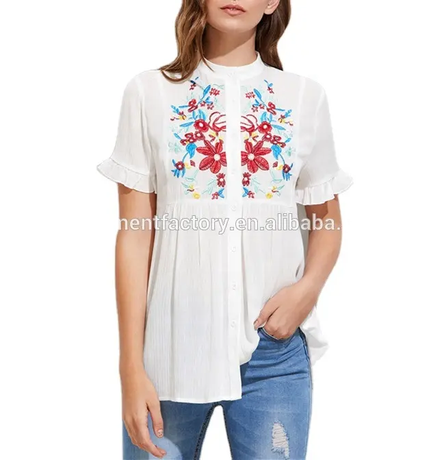 Broderie Volants Chemise À Manches Courtes Blanc Chemisier Femmes Mignon Tops D'été Décontracté Bouton Tunique Chemisier STb-0915