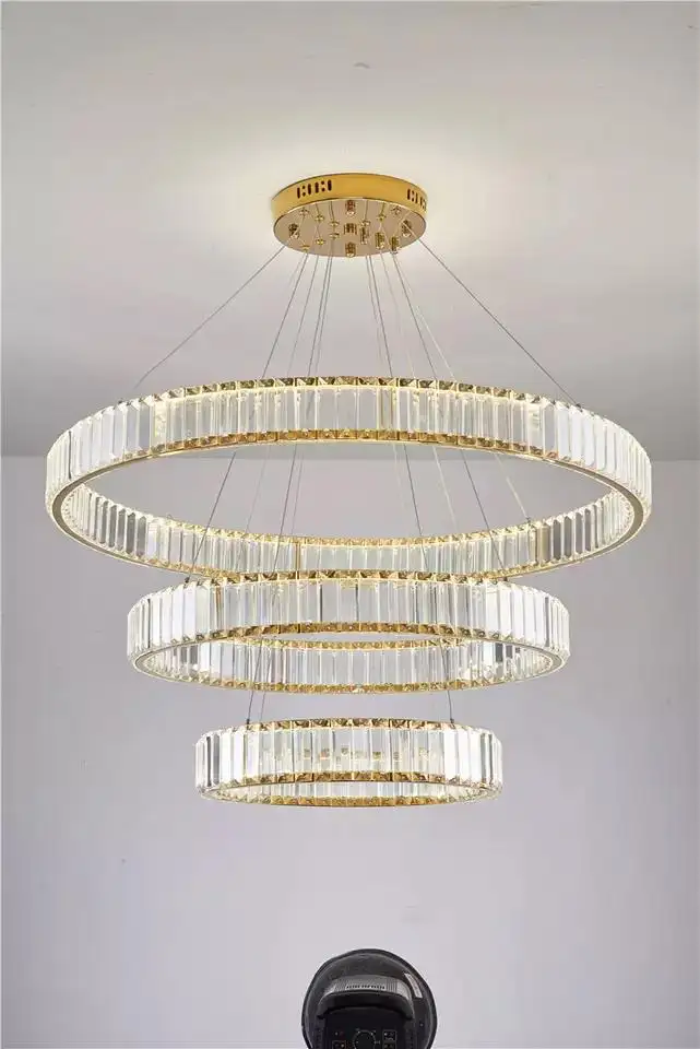 Lustre de ouro bronze de luxo moderno, lustre de cristal de luxo moderno led, 3 anéis, teto