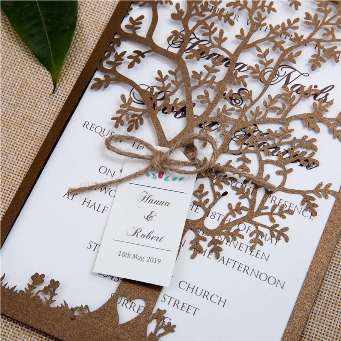 Cartão de convite para casamento, cartão de convite do casamento do amor da árvore do glitter laser personalizado