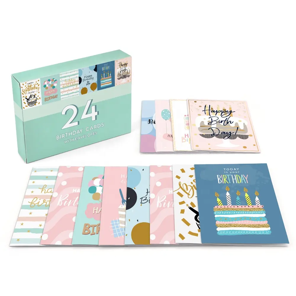 2023 desain baru 24 berbagai macam kartu Selamat Ulang Tahun cetak kustom kertas terbaik kartu ucapan kosong dengan amplop kemasan jumlah besar Set kotak