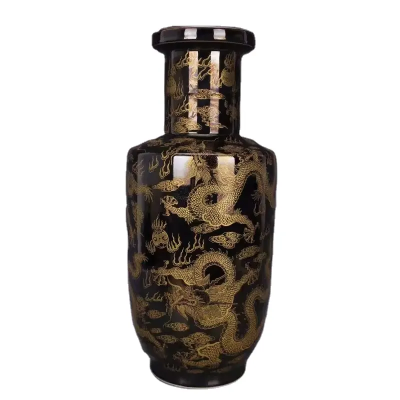 Antiguo Qing Kangxi negro esmaltado oro Piercing nube dragón patrón madera Club forma florero para decoración del hogar