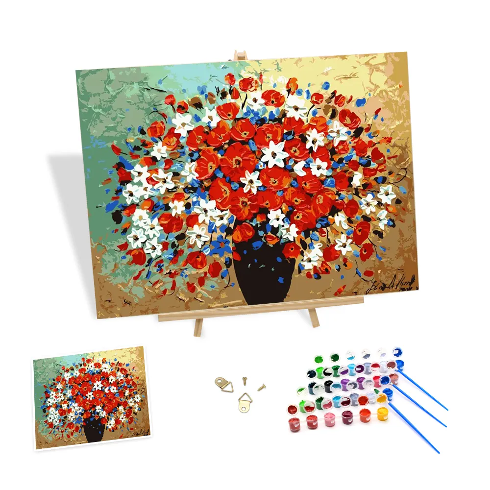 ภาพวาดสีน้ำมันตามตัวเลขดอกไม้สีแดงในแจกันศิลปะดิจิตอลงานศิลป์วาดด้วยมือ