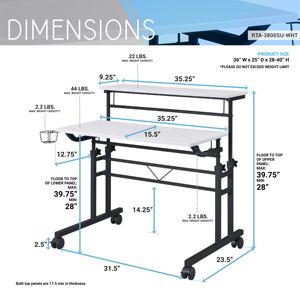 DB Techni Mobili White <strong>Rolling</strong> Writing Desk Height Adjustable Desktop and Moveable Shelf Fixed Feature <strong>Computer</strong> Laptop <strong>Table</strong> - Product Image 4