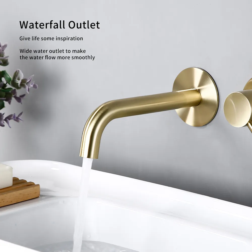 Brass Single Holder Control Double Hole Brushed Gold Wall Mounted Hot And Cold Water Mixed Type Bathroom Basin Faucet