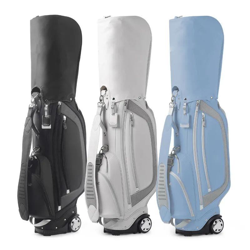 Custom OEM nen Professional Embroidery Logo Waterproof Soft PU Genuine Leather Golf Bag With Wheels