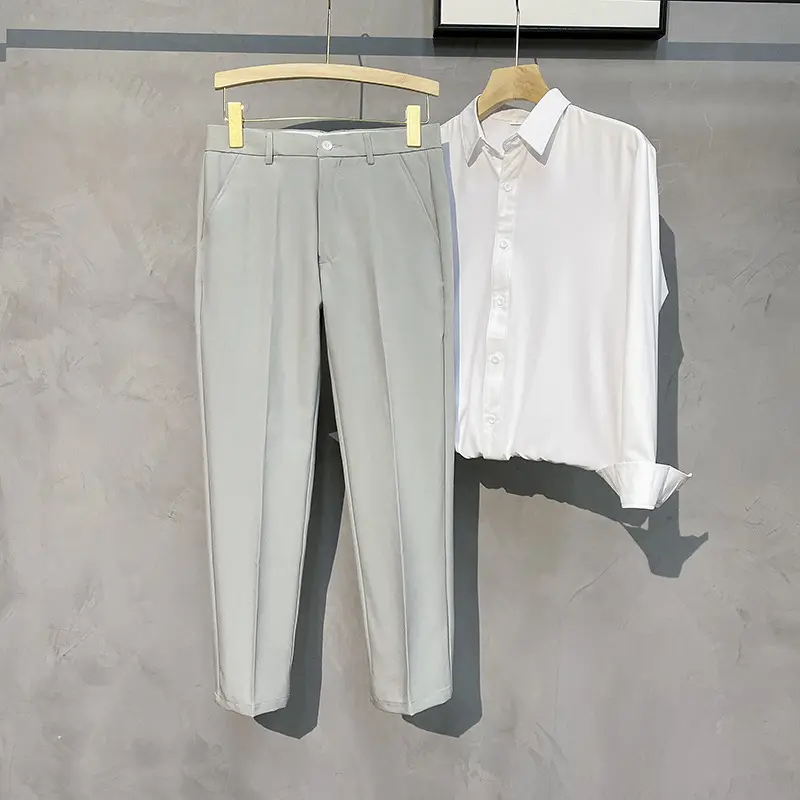 पुरुषों का बिजनेस सूट पैंट हाई सेंस कैजुअल ड्रेस नॉन-इस्त्री स्ट्रेट लेग लूज सैग मिड वेस्ट जिपर फ्लाई यार्न डाइड फ्रंट स्टाइल