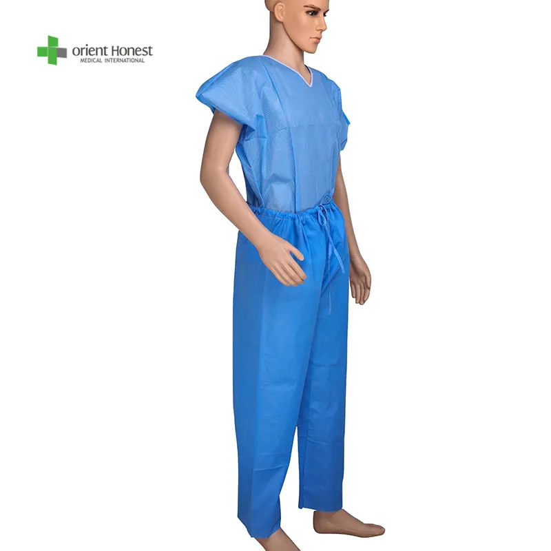 factory made V- shape disposable PP suit with long sleeves blue scrub suits for hospital