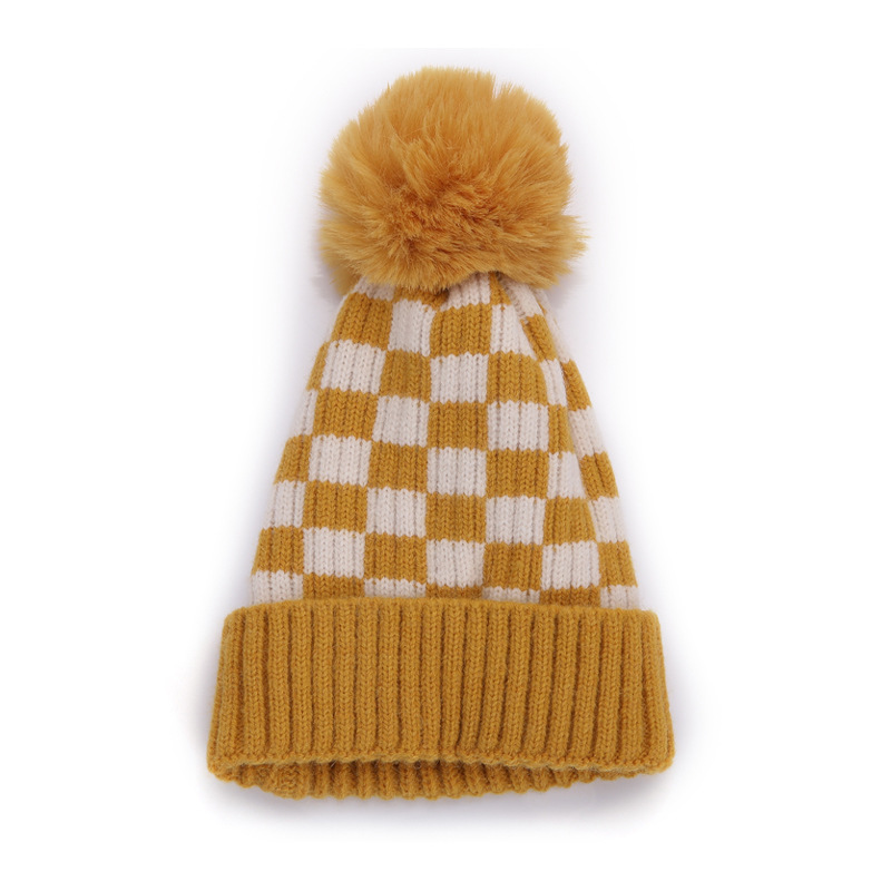 Yellow Checkerboard Kids Knit Hat Beanies With Pom Pom