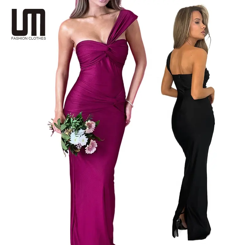 Liu Ming Trends 2024 Spring Summer Elegant Women's One-Shoulder Strapless Midi Length Maxi Slim Fit Party Evening Wear Solid