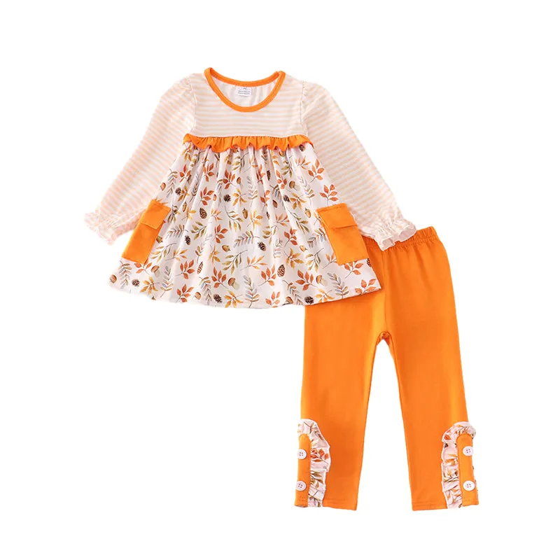 Groothandel Casual Mode Wit Bedrukt A-Lijn Half Body Rok En Oranje Broek Set Geschikt Voor Peuter Meisjes 0-8 Jaar Oud