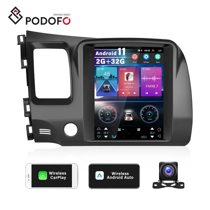 Podofo 9,7 "Android Car Stereo 2 64G Für Honda Civic 2004-2009 Mit Carplay Android Auto GPS Wifi Hifi FM RDS mit AHD Kamera