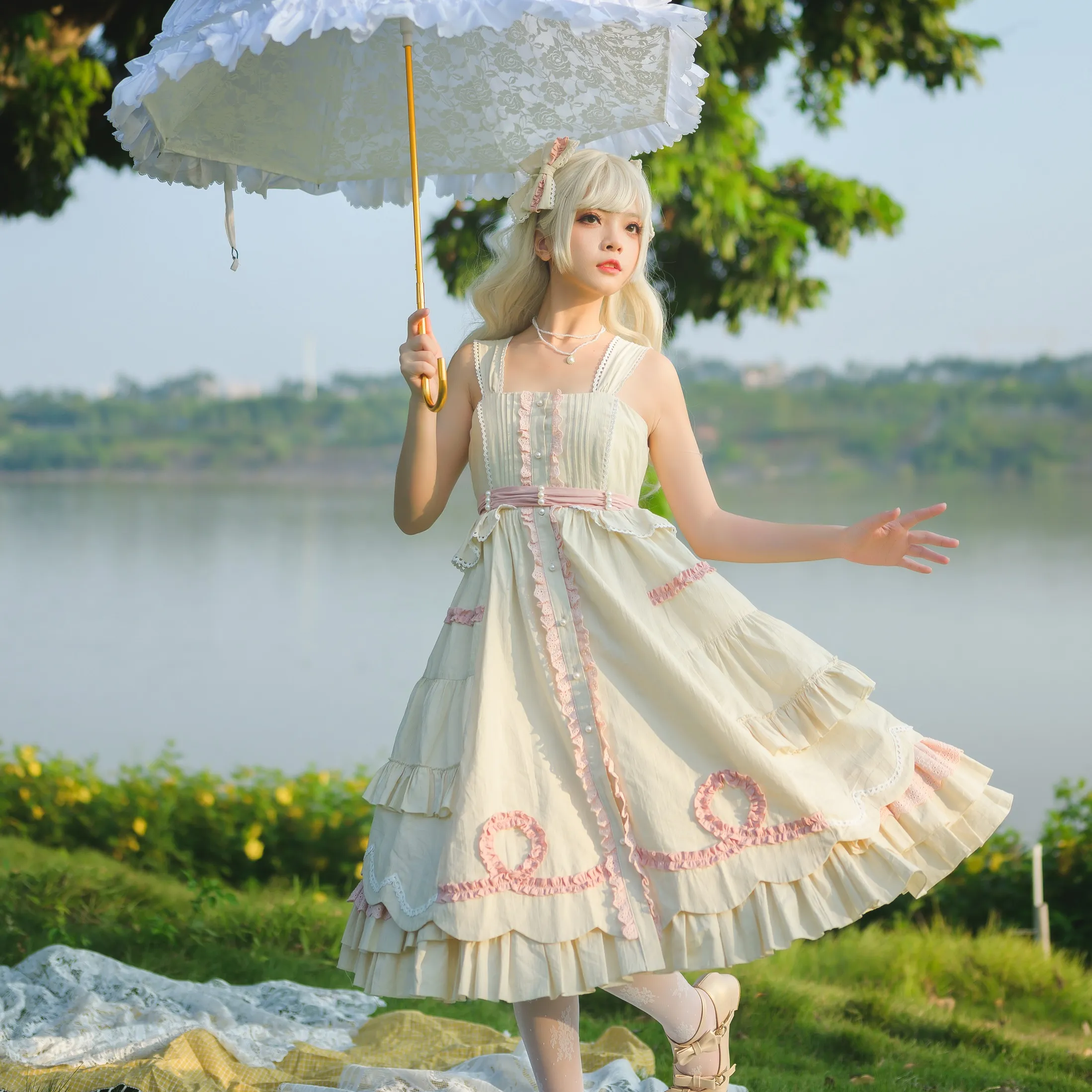 Милое Платье в стиле куклы Лолита, милое платье JSK, традиционное японское аниме косплей лолиты, кавайные розовые кружевные платья