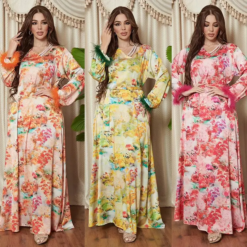 301 Floral à manches longues avec fourrure maxi Abaya robe de pudeur musulmane vêtements de style turc pour femmes robes arabes robe de soirée