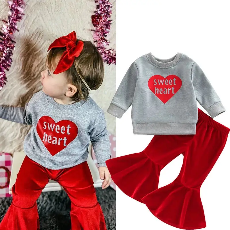 2024 סיטונאי בוטיק חג האהבה תלבושות לילדים מתוקה סווטשירט תינוקת ולנטיינס קטיפה פעמון תחתון סט בגדים