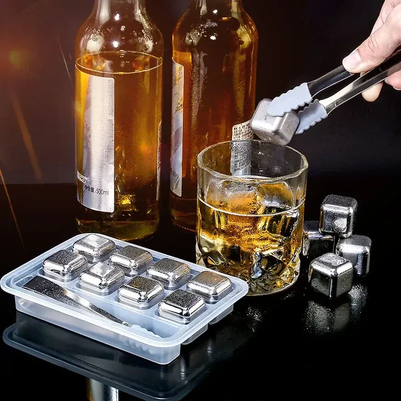 Ensemble de glaçons à whisky réutilisables avec pinces à tête en silicone et plateaux à glaçons en acier inoxydable 304