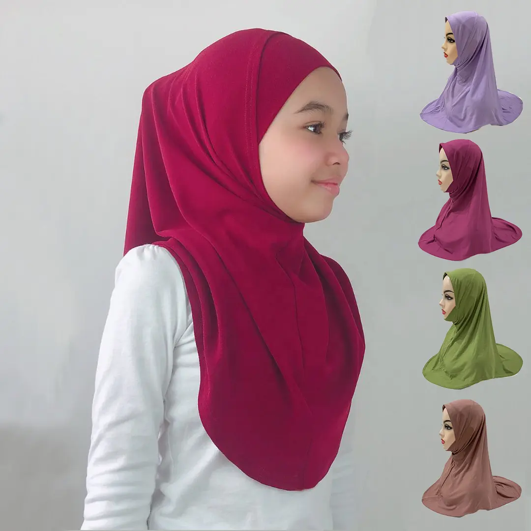 Оптовая продажа, малазийский однотонный эластичный хиджаб для маленьких девочек от 5 до 12 лет, Детская шапка-тюрбан, детский хиджаб