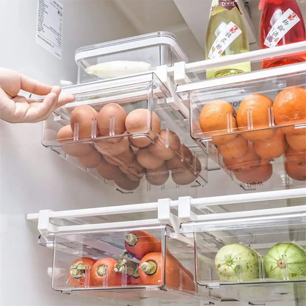 Dapur PET Plastik Transparan Adjustable Divider Gantung Laci 8-Grid Kulkas Kulkas Organizer untuk Makanan