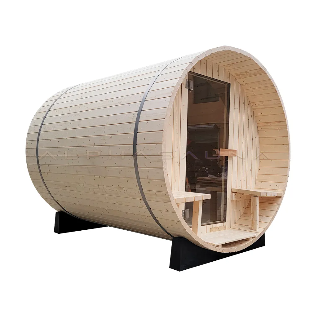 Sauna de vapor de ozono portátil para exteriores, barril tradicional de madera de pino para 2 personas con porche