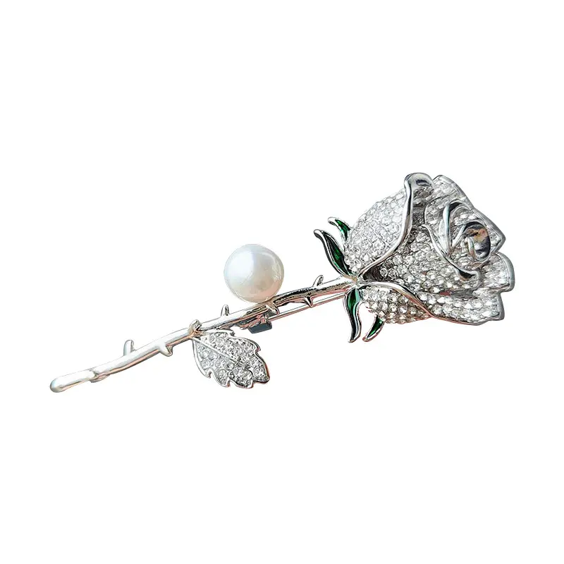 Broche de flor rosa de lujo al por mayor de moda para hombres y mujeres broche de diamante completo Pin vestido decoración joyería