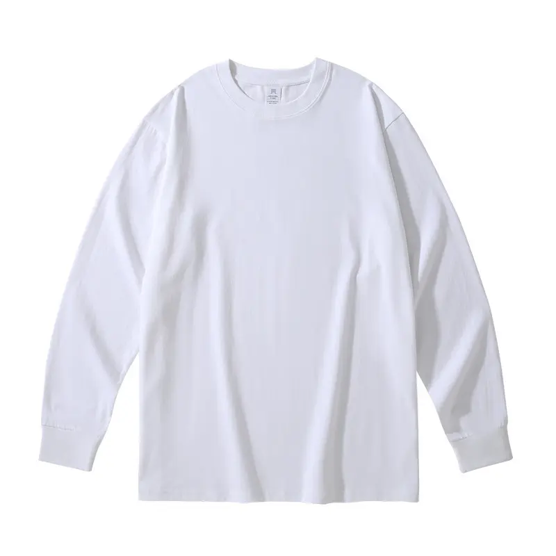 Witte 260gsm Mannen Custom Ontwerp 100% Katoenen Rib Manchet T-Shirts Logo Gedrukt Zwaar 280Gsm Lange Mouw T-Shirts Voor Mannen