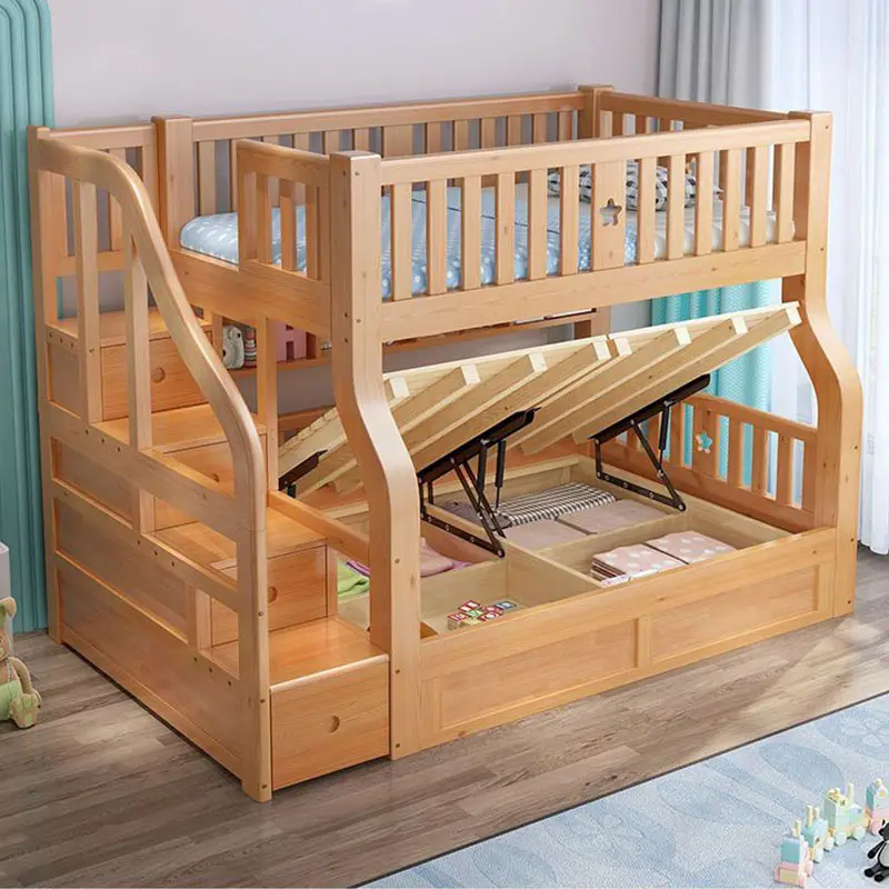 Cama de madera de diseño multifuncional para niños, muebles de dormitorio, ropa de cama con tobogán, color sólido