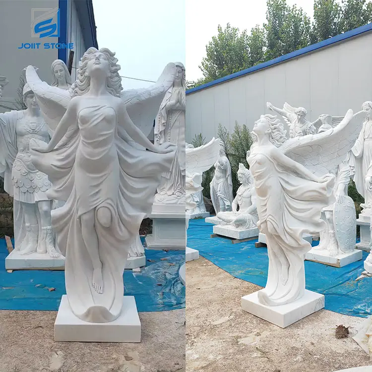 Scultura su misura della statua di angelo di pietra di marmo bianco a grandezza naturale intagliata a mano per la decorazione