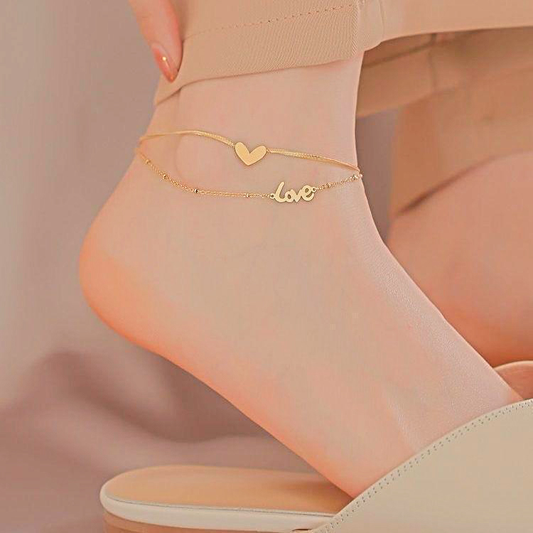 6601 Gold Double Layer Heart English Anklet