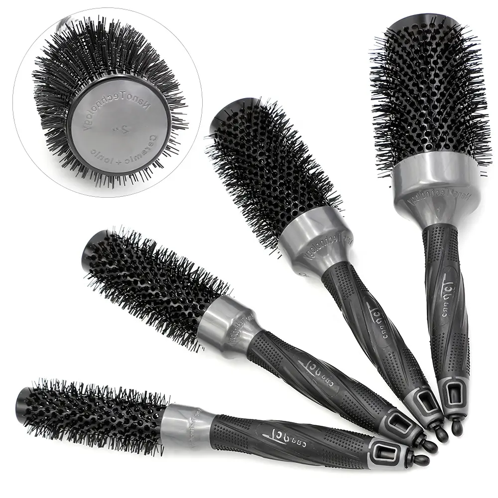 Brosse à cheveux de style thermique ronde personnalisée professionnelle brosse de séchage des cheveux en céramique de salon en poils de nylon en aluminium