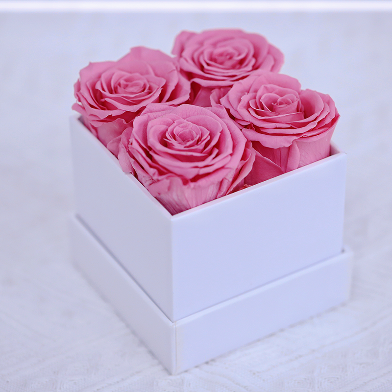 4 roses roses dans une boîte carrée blanche