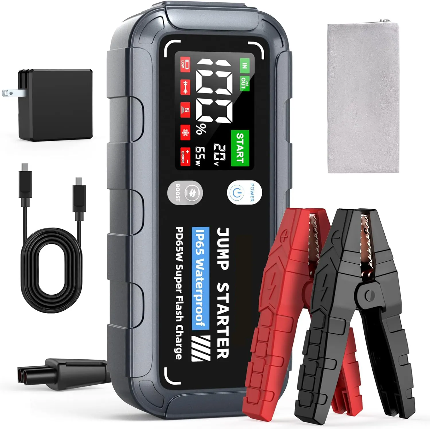 Arrancador de batería de coche portátil ZK005 con pantalla LCD IP65 impermeable PD65W luz LED de carga rápida herramienta de emergencia multifuncional