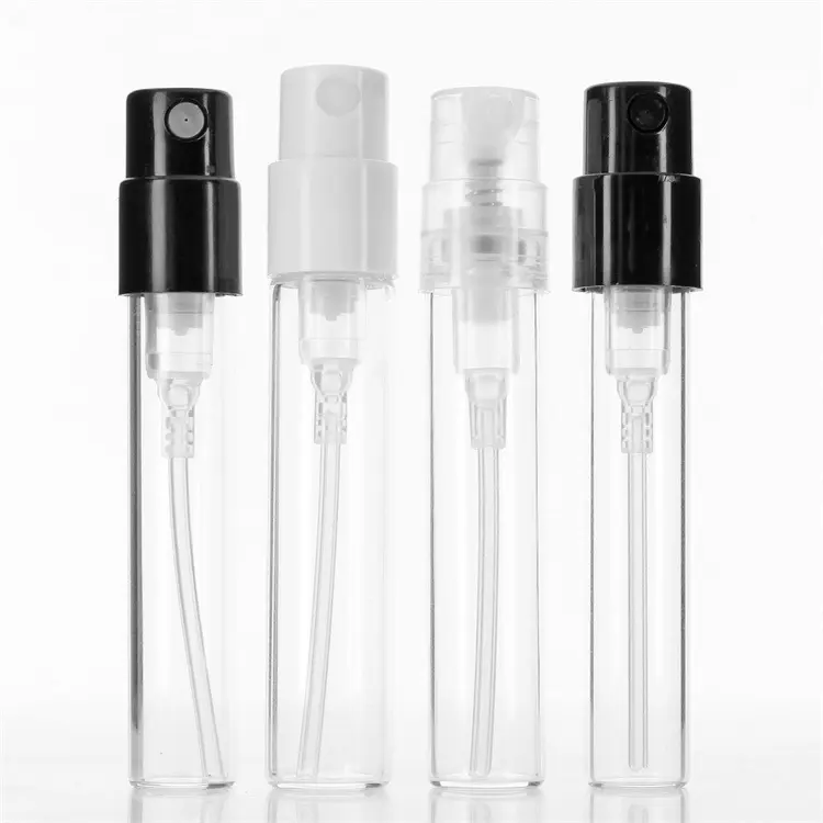Mini botella de vidrio con cilindro redondo para viaje, rociador blanco y negro, 1ml, 2ml, 3ml, precio barato, venta al por mayor